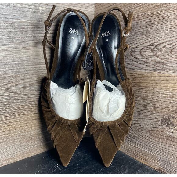 ZARA Velvet Slingback Kitten Heels NWT β Brown Ruched Pointed Toe, Size 7.5 - Picture 5 of 16